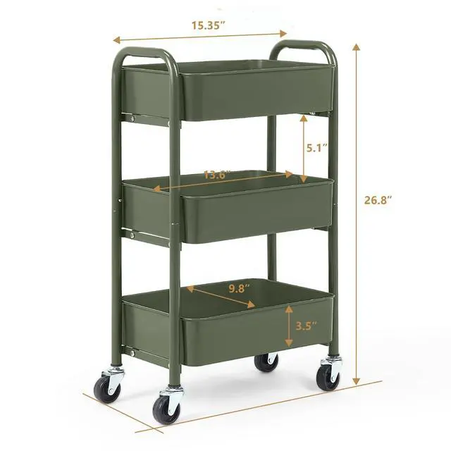 Alt view image 6 of 6 - 3-Tier Delicate Compact Rolling Metal Storage Organizer - Mobile Utility Cart Kitchen/Under Desk Cart with Caster Wheels - Army (15.35" X 10.24" X 26.8"H)
