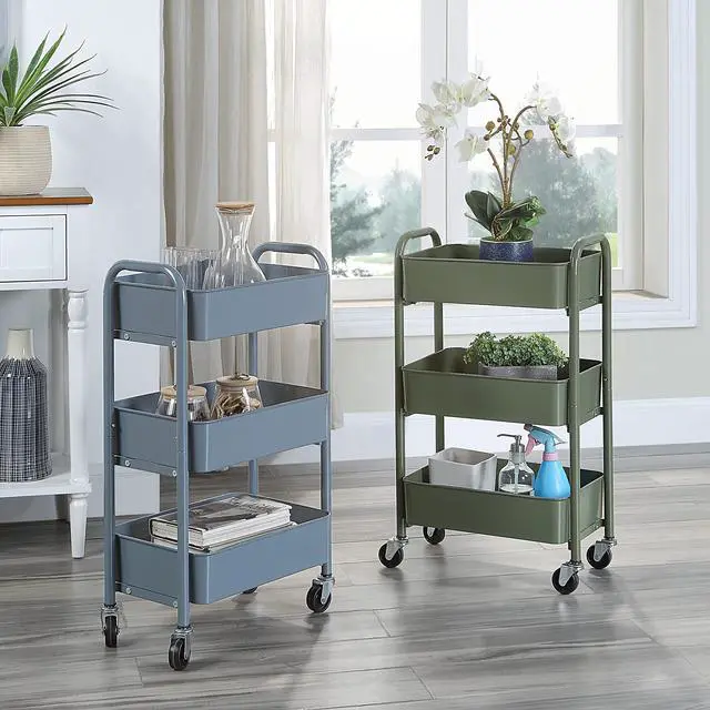 Alt view image 5 of 6 - 3-Tier Delicate Compact Rolling Metal Storage Organizer - Mobile Utility Cart Kitchen/Under Desk Cart with Caster Wheels - Army (15.35" X 10.24" X 26.8"H)