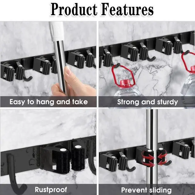 Alt view image 2 of 7 - 2 Pack Black 5 Racks and 4 Hooks Mop and Broom Holder Wall Mount, Broom Organizer Storage Tool Racks Stainless Steel Heavy Duty Hooks Self Adhesive Solid Non-slip for Home Kitchen Garden