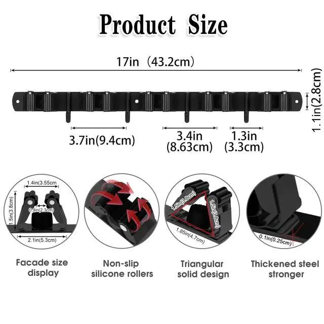 Alt view image 3 of 7 - 2 Pack Black 5 Racks and 4 Hooks Mop and Broom Holder Wall Mount, Broom Organizer Storage Tool Racks Stainless Steel Heavy Duty Hooks Self Adhesive Solid Non-slip for Home Kitchen Garden