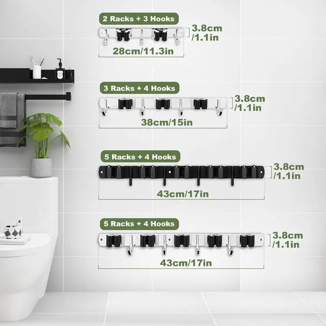 Alt view image 4 of 7 - 2 Pack Black 5 Racks and 4 Hooks Mop and Broom Holder Wall Mount, Broom Organizer Storage Tool Racks Stainless Steel Heavy Duty Hooks Self Adhesive Solid Non-slip for Home Kitchen Garden