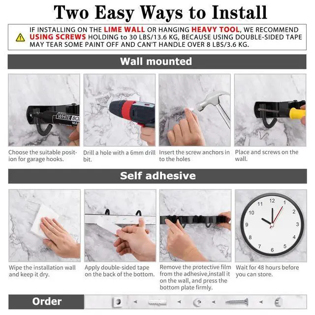 Alt view image 5 of 7 - 2 Pack Black 5 Racks and 4 Hooks Mop and Broom Holder Wall Mount, Broom Organizer Storage Tool Racks Stainless Steel Heavy Duty Hooks Self Adhesive Solid Non-slip for Home Kitchen Garden