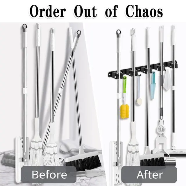 Alt view image 6 of 7 - 2 Pack Black 5 Racks and 4 Hooks Mop and Broom Holder Wall Mount, Broom Organizer Storage Tool Racks Stainless Steel Heavy Duty Hooks Self Adhesive Solid Non-slip for Home Kitchen Garden