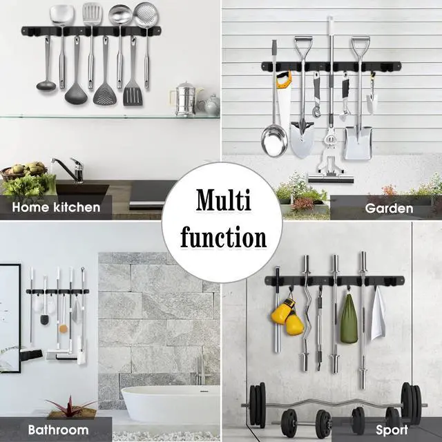 Alt view image 7 of 7 - 2 Pack Black 5 Racks and 4 Hooks Mop and Broom Holder Wall Mount, Broom Organizer Storage Tool Racks Stainless Steel Heavy Duty Hooks Self Adhesive Solid Non-slip for Home Kitchen Garden