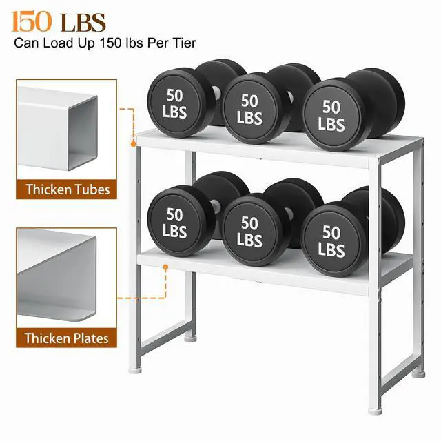 Alt view image 4 of 7 - 2-Tier Expandable Kitchen Storage Shelf,150LBS Heavy Duty Metal Shelving Units For Small Appliance,Adjustable Pots and Pans Organizer Rack Shelves For Kitchen Counter Under Cabinet Garage Pantry,White