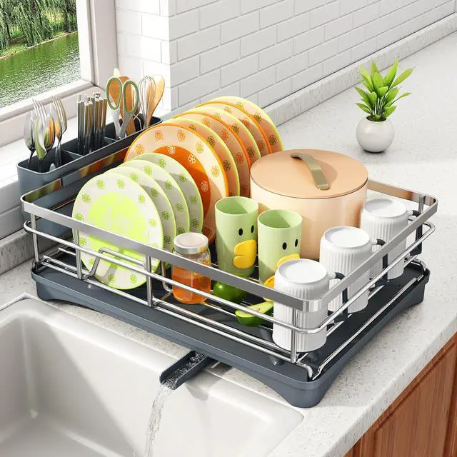 Main image of Dish Drying Rack - Stainless Steel Dish Rack for Kitchen Counter, Large-Capacity Dish Drainer with Cutlery Holder, Kitchen Organizer for Dishes, Spoons and Forks, Silver