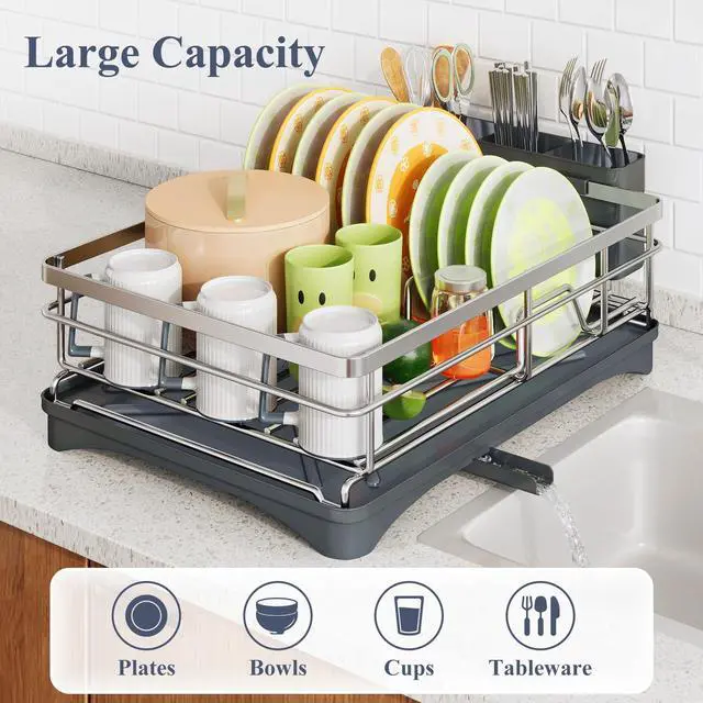 Alt view image 2 of 6 - Dish Drying Rack - Stainless Steel Dish Rack for Kitchen Counter, Large-Capacity Dish Drainer with Cutlery Holder, Kitchen Organizer for Dishes, Spoons and Forks, Silver
