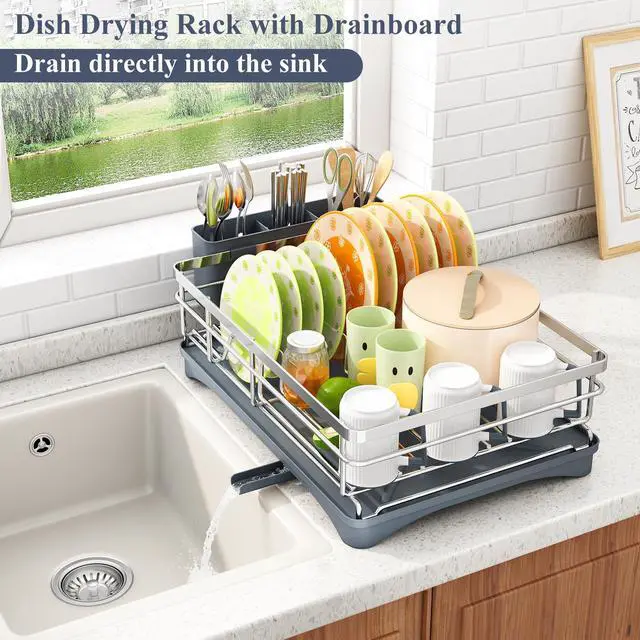 Alt view image 4 of 6 - Dish Drying Rack - Stainless Steel Dish Rack for Kitchen Counter, Large-Capacity Dish Drainer with Cutlery Holder, Kitchen Organizer for Dishes, Spoons and Forks, Silver