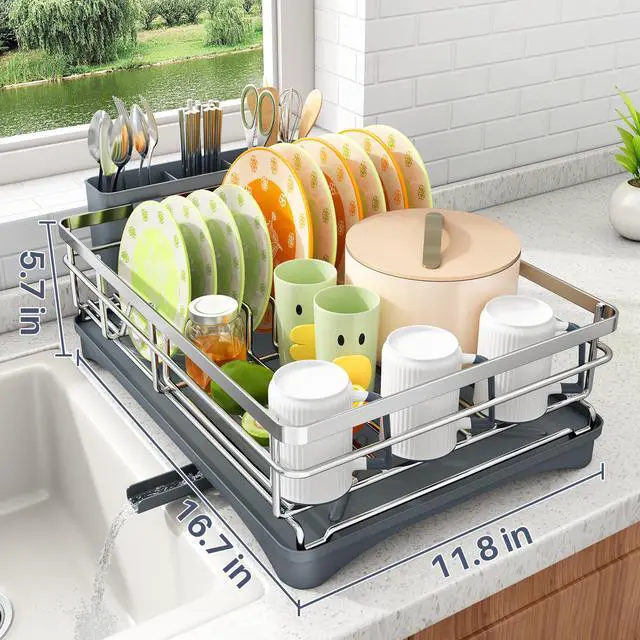 Alt view image 5 of 6 - Dish Drying Rack - Stainless Steel Dish Rack for Kitchen Counter, Large-Capacity Dish Drainer with Cutlery Holder, Kitchen Organizer for Dishes, Spoons and Forks, Silver