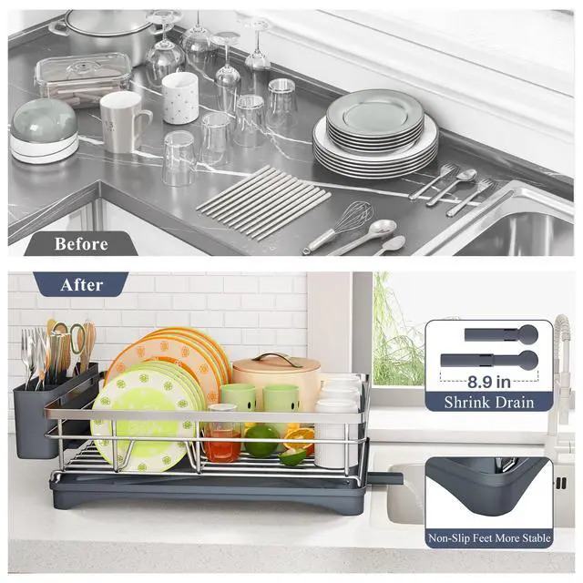 Alt view image 6 of 6 - Dish Drying Rack - Stainless Steel Dish Rack for Kitchen Counter, Large-Capacity Dish Drainer with Cutlery Holder, Kitchen Organizer for Dishes, Spoons and Forks, Silver