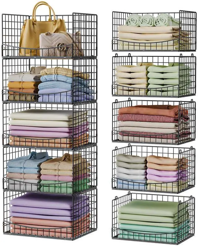 Main image of 5-Tier Stackable Closet Organizers and Storage Shelves,Extend Clothing Closet Shelf Bins for Jeans Pants Sweaters - Wardrobe Cupboard Clothes Organizer System-Wider Mouth Design