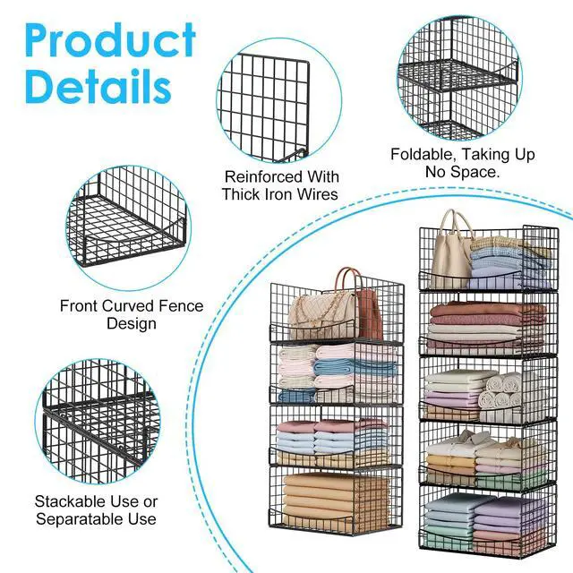 Alt view image 6 of 7 - 5-Tier Stackable Closet Organizers and Storage Shelves,Extend Clothing Closet Shelf Bins for Jeans Pants Sweaters - Wardrobe Cupboard Clothes Organizer System-Wider Mouth Design