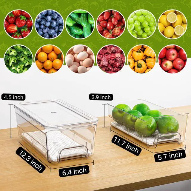 Alt view image 2 of 7 - 4 Pack Fridge Organizer Drawers Bins, Clear Stackable Pull Out Refrigerator Drawer Organizer, Fridge Storage Container with Lids for Fruits, Vegetables, Drinks and Food