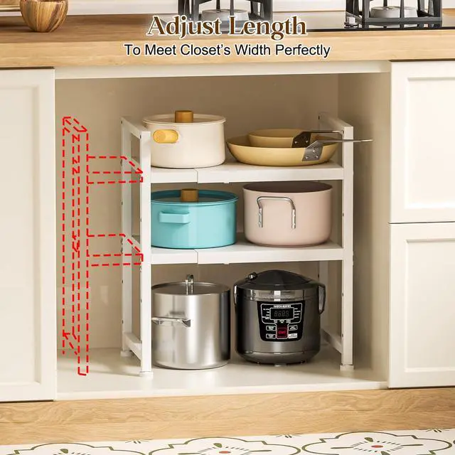 Alt view image 5 of 7 - 2-Tier Expandable Kitchen Storage Shelf,150LBS Heavy Duty Metal Shelving Units For Small Appliance,Adjustable Pots and Pans Organizer Rack Shelves For Kitchen Counter Under Cabinet Garage Pantry,White