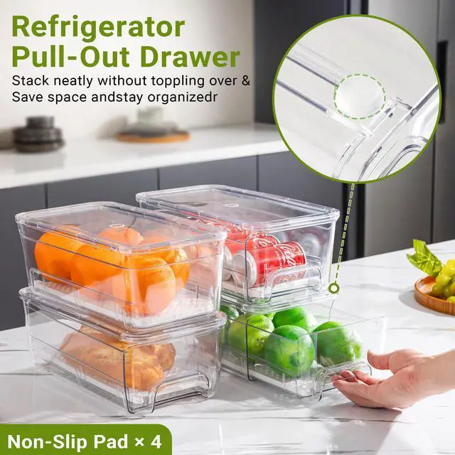 Alt view image 4 of 7 - 4 Pack Fridge Organizer Drawers Bins, Clear Stackable Pull Out Refrigerator Drawer Organizer, Fridge Storage Container with Lids for Fruits, Vegetables, Drinks and Food