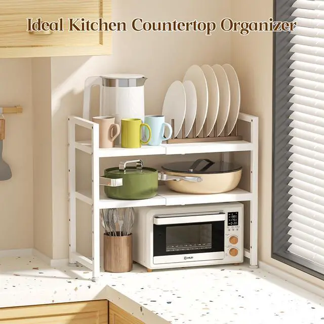 Alt view image 7 of 7 - 2-Tier Expandable Kitchen Storage Shelf,150LBS Heavy Duty Metal Shelving Units For Small Appliance,Adjustable Pots and Pans Organizer Rack Shelves For Kitchen Counter Under Cabinet Garage Pantry,White
