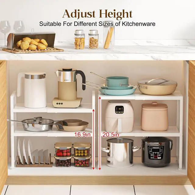 Alt view image 6 of 7 - 2-Tier Expandable Kitchen Storage Shelf,150LBS Heavy Duty Metal Shelving Units For Small Appliance,Adjustable Pots and Pans Organizer Rack Shelves For Kitchen Counter Under Cabinet Garage Pantry,White