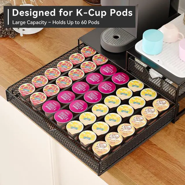 Alt view image 2 of 7 - K Cup Organizer for Coffee Station - Sturdy Machine Base 60 Coffee Pod Storage Drawer, Non-Sagging Stand Compatible with Keurig K-Cup Pods, Anti-Vibration, No Assembly (Black)