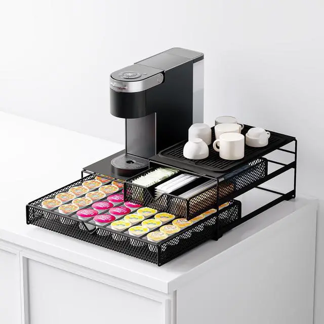 Alt view image 5 of 7 - K Cup Organizer for Coffee Station - Sturdy Machine Base 60 Coffee Pod Storage Drawer, Non-Sagging Stand Compatible with Keurig K-Cup Pods, Anti-Vibration, No Assembly (Black)