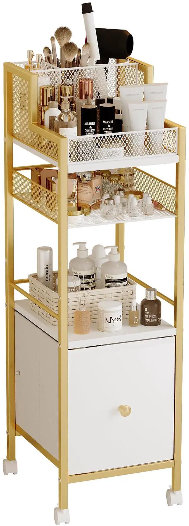 Main image of Makeup Organizer Storage Cart with Drawers, Large Floor Makeup Skincare Organizers, Rolling Makeup Cart Vanity Organizer Cosmetics Display Cases Holder for Nail Polish Brush Hair ToolGold