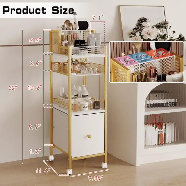 Alt view image 3 of 7 - Makeup Organizer Storage Cart with Drawers, Large Floor Makeup Skincare Organizers, Rolling Makeup Cart Vanity Organizer Cosmetics Display Cases Holder for Nail Polish Brush Hair ToolGold