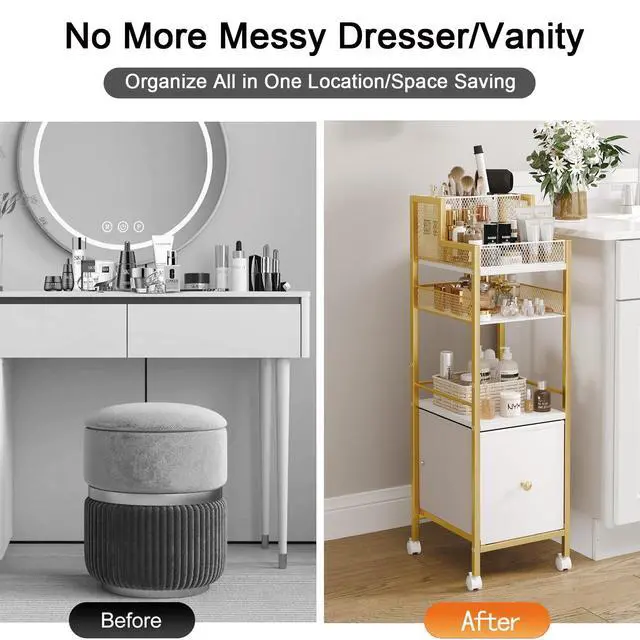 Alt view image 4 of 7 - Makeup Organizer Storage Cart with Drawers, Large Floor Makeup Skincare Organizers, Rolling Makeup Cart Vanity Organizer Cosmetics Display Cases Holder for Nail Polish Brush Hair ToolGold