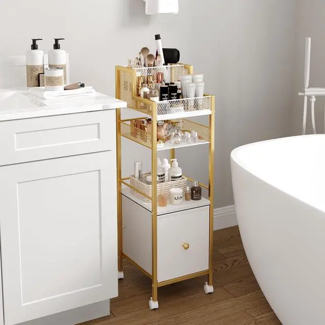Alt view image 7 of 7 - Makeup Organizer Storage Cart with Drawers, Large Floor Makeup Skincare Organizers, Rolling Makeup Cart Vanity Organizer Cosmetics Display Cases Holder for Nail Polish Brush Hair ToolGold