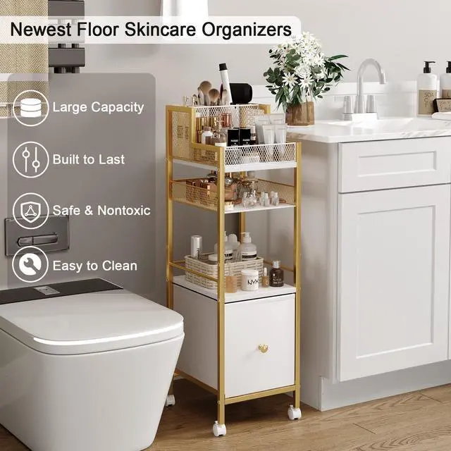Alt view image 5 of 7 - Makeup Organizer Storage Cart with Drawers, Large Floor Makeup Skincare Organizers, Rolling Makeup Cart Vanity Organizer Cosmetics Display Cases Holder for Nail Polish Brush Hair ToolGold