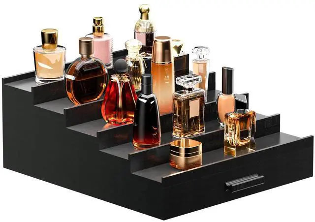Main image of Cologne Organizer 5 Tier of Elegant Bamboo Perfume Organizer for Men with Hidden Storage and Practical Drawer, Perfect for Cologne Display & Gift (5T-Black)