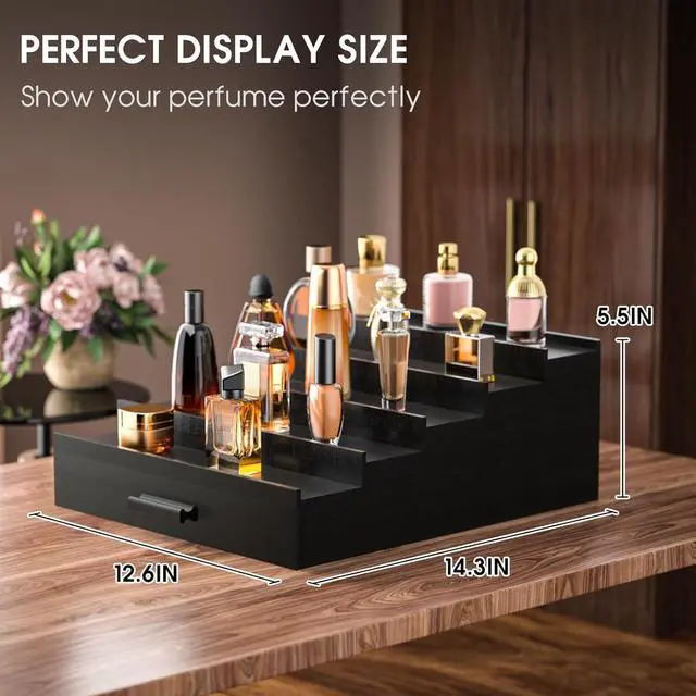 Alt view image 2 of 6 - Cologne Organizer 5 Tier of Elegant Bamboo Perfume Organizer for Men with Hidden Storage and Practical Drawer, Perfect for Cologne Display & Gift (5T-Black)