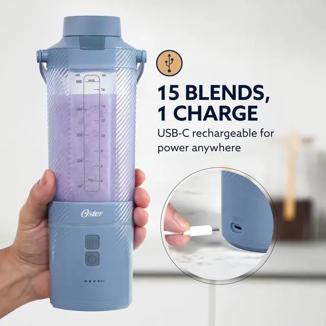 Alt view image 4 of 7 - GoMax Portable Blender, 20 oz Cordless Personal Blender for Smoothies & Shakes, USB-C Rechargeable, Anti-Jam Reversible Blade, Leak-Proof Travel Lid, Dishwasher Safe Parts, BPA-Free, Blue