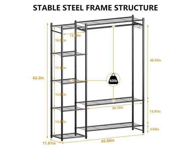 Alt view image 3 of 7 - Wardrobe Closet,Portable Clothes Rack with 4 Tiers Shelves,Freestanding Closet Organizers and Storage System with Hanging Rods,Steel Clothing Rack Suitable for Cloakrooms,Bedrooms,Entrances,etc.Black