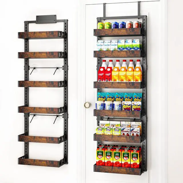 Main image of 6-Tier Over the Door Pantry Organizer, 2-in-1 Door Hanging or Wall Mounted Spice Rack with Adjustable Wooden Baskets, Heavy Duty Metal Storage Shelf, 12 Hooks for Kitchen, Bathroom, Closet