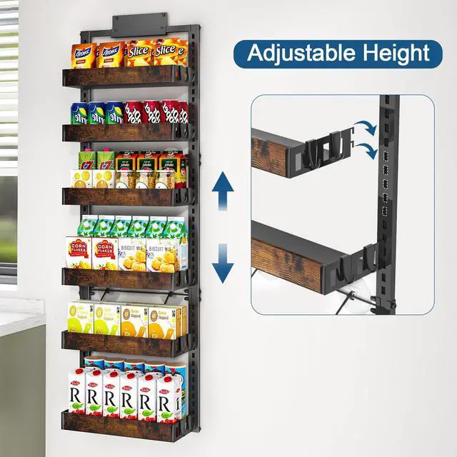 Alt view image 2 of 7 - 6-Tier Over the Door Pantry Organizer, 2-in-1 Door Hanging or Wall Mounted Spice Rack with Adjustable Wooden Baskets, Heavy Duty Metal Storage Shelf, 12 Hooks for Kitchen, Bathroom, Closet
