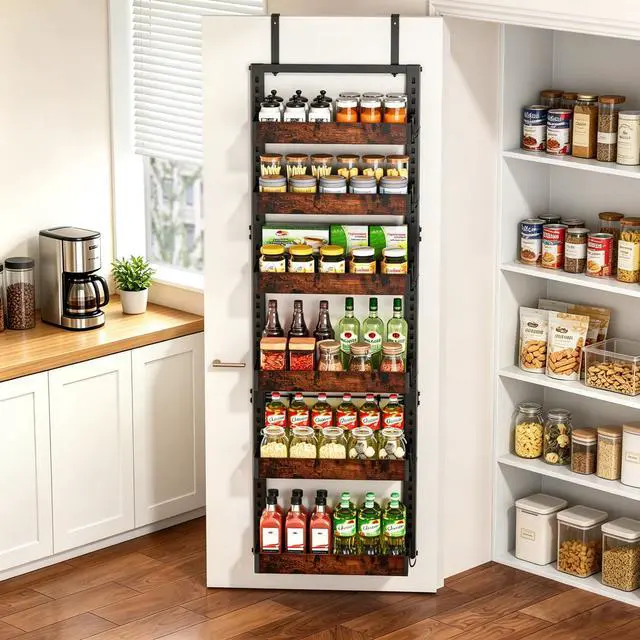 Alt view image 4 of 7 - 6-Tier Over the Door Pantry Organizer, 2-in-1 Door Hanging or Wall Mounted Spice Rack with Adjustable Wooden Baskets, Heavy Duty Metal Storage Shelf, 12 Hooks for Kitchen, Bathroom, Closet