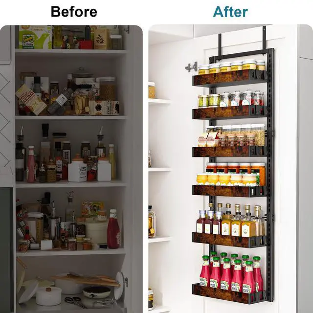 Alt view image 3 of 7 - 6-Tier Over the Door Pantry Organizer, 2-in-1 Door Hanging or Wall Mounted Spice Rack with Adjustable Wooden Baskets, Heavy Duty Metal Storage Shelf, 12 Hooks for Kitchen, Bathroom, Closet