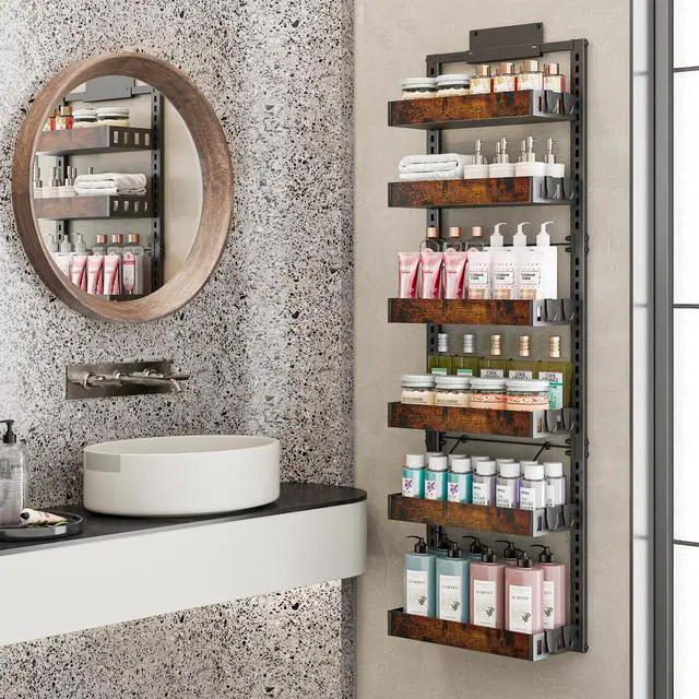 Alt view image 5 of 7 - 6-Tier Over the Door Pantry Organizer, 2-in-1 Door Hanging or Wall Mounted Spice Rack with Adjustable Wooden Baskets, Heavy Duty Metal Storage Shelf, 12 Hooks for Kitchen, Bathroom, Closet