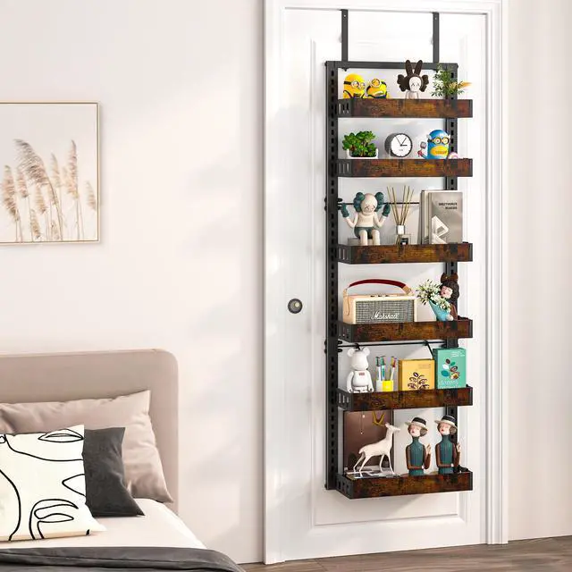 Alt view image 6 of 7 - 6-Tier Over the Door Pantry Organizer, 2-in-1 Door Hanging or Wall Mounted Spice Rack with Adjustable Wooden Baskets, Heavy Duty Metal Storage Shelf, 12 Hooks for Kitchen, Bathroom, Closet
