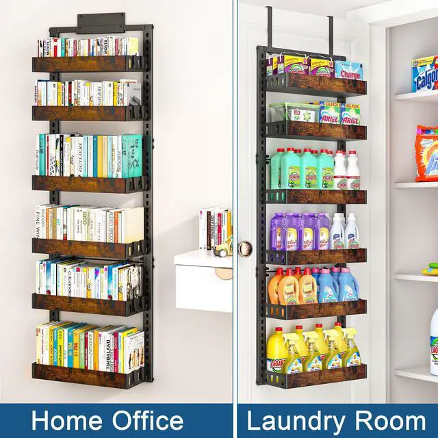 Alt view image 7 of 7 - 6-Tier Over the Door Pantry Organizer, 2-in-1 Door Hanging or Wall Mounted Spice Rack with Adjustable Wooden Baskets, Heavy Duty Metal Storage Shelf, 12 Hooks for Kitchen, Bathroom, Closet