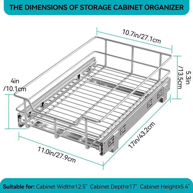 Alt view image 2 of 7 - Pull Out Cabinet Organizer 11" W X 17" D, Slide Out Drawers For Kitchen Organizers and Storage, Pull Out Drawers For Cabinets Capacity Heavy Duty Caddy, Cabinet Shelves Chrome-Plated, Bathroom Pantry