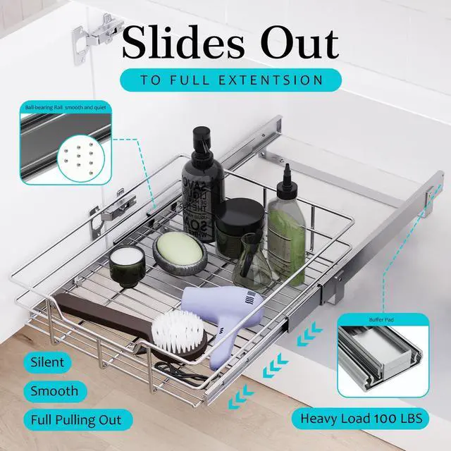 Alt view image 3 of 7 - Pull Out Cabinet Organizer 11" W X 17" D, Slide Out Drawers For Kitchen Organizers and Storage, Pull Out Drawers For Cabinets Capacity Heavy Duty Caddy, Cabinet Shelves Chrome-Plated, Bathroom Pantry