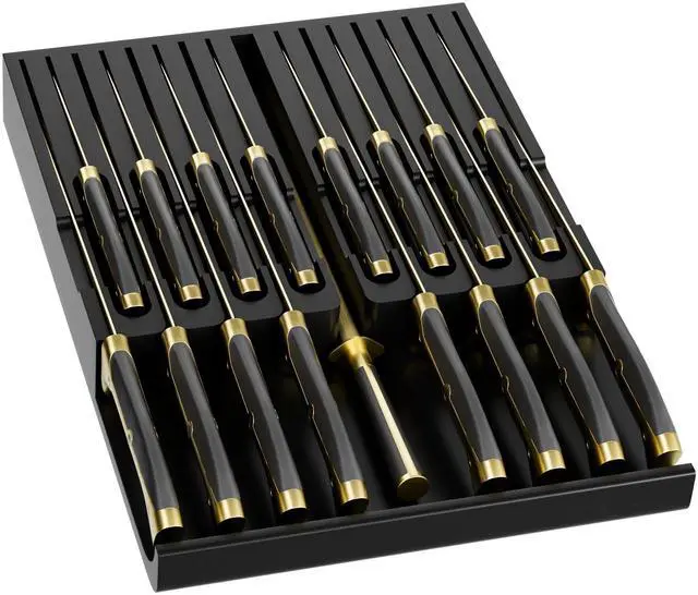 Main image of Domax Bamboo In-drawer Knife Block - Kitchen Knife Drawer Organizer Insert, Knife Holder without Knives Large, Drawer Knife Organizer Fits for 16 knives and 1 Sharpening Steel (Not Included), Black