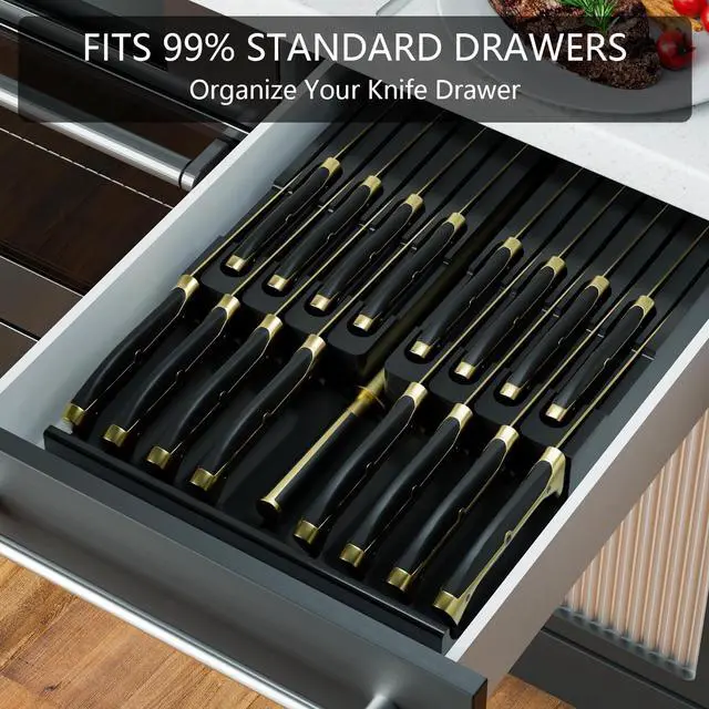 Alt view image 3 of 7 - Domax Bamboo In-drawer Knife Block - Kitchen Knife Drawer Organizer Insert, Knife Holder without Knives Large, Drawer Knife Organizer Fits for 16 knives and 1 Sharpening Steel (Not Included), Black