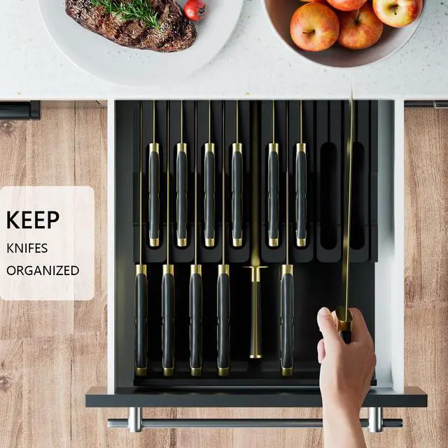 Alt view image 4 of 7 - Domax Bamboo In-drawer Knife Block - Kitchen Knife Drawer Organizer Insert, Knife Holder without Knives Large, Drawer Knife Organizer Fits for 16 knives and 1 Sharpening Steel (Not Included), Black