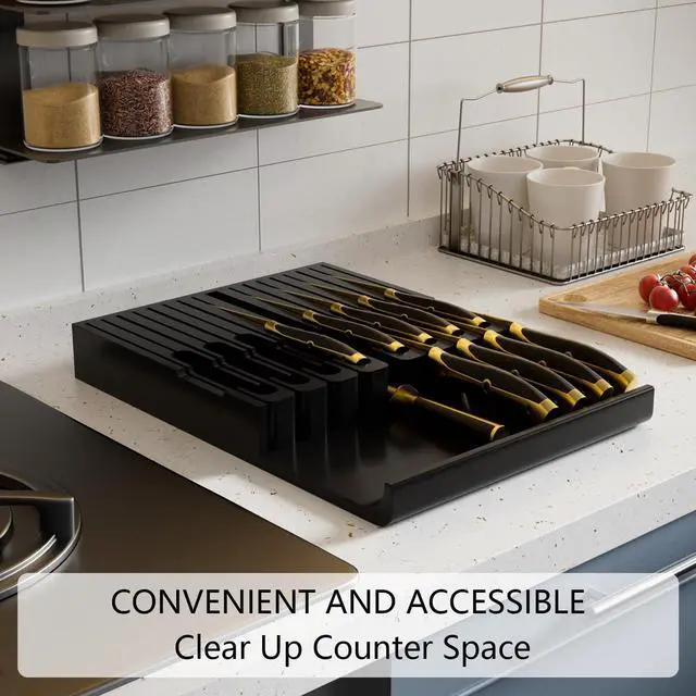 Alt view image 5 of 7 - Domax Bamboo In-drawer Knife Block - Kitchen Knife Drawer Organizer Insert, Knife Holder without Knives Large, Drawer Knife Organizer Fits for 16 knives and 1 Sharpening Steel (Not Included), Black