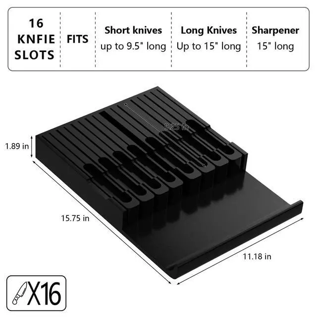 Alt view image 6 of 7 - Domax Bamboo In-drawer Knife Block - Kitchen Knife Drawer Organizer Insert, Knife Holder without Knives Large, Drawer Knife Organizer Fits for 16 knives and 1 Sharpening Steel (Not Included), Black