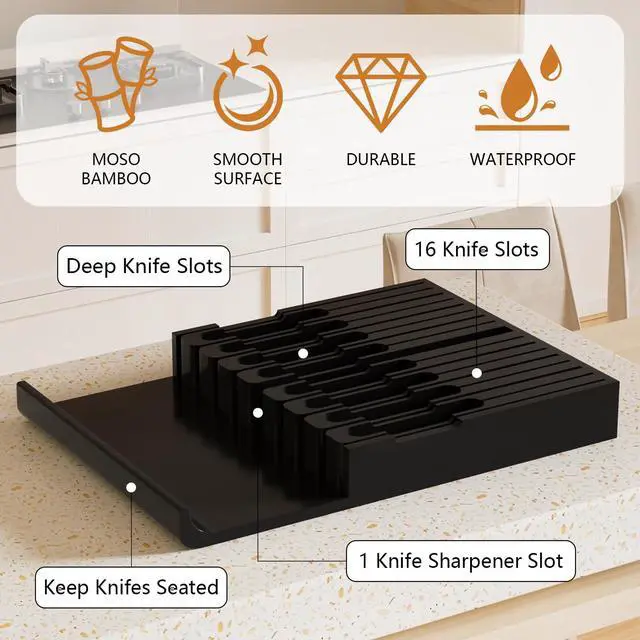 Alt view image 2 of 7 - Domax Bamboo In-drawer Knife Block - Kitchen Knife Drawer Organizer Insert, Knife Holder without Knives Large, Drawer Knife Organizer Fits for 16 knives and 1 Sharpening Steel (Not Included), Black