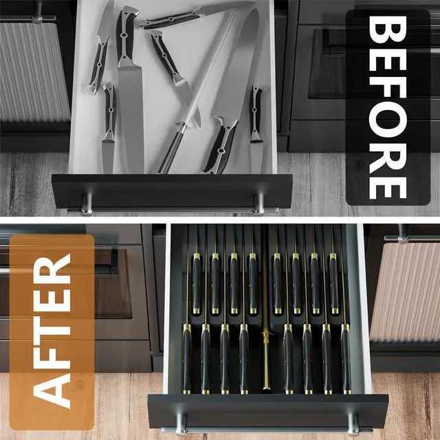 Alt view image 7 of 7 - Domax Bamboo In-drawer Knife Block - Kitchen Knife Drawer Organizer Insert, Knife Holder without Knives Large, Drawer Knife Organizer Fits for 16 knives and 1 Sharpening Steel (Not Included), Black