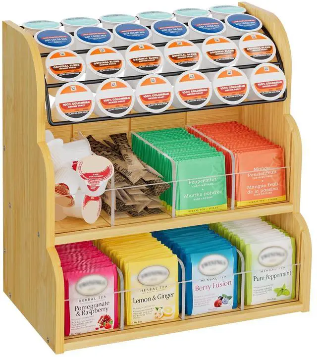 Main image of Bamboo Tea Bag and Coffee Holder Organizer for Cabinet Counter Office, 3 Tier Large Capacity Vertical K Cup and Tea Packet Storage Rack, Sturdy Display Stand, Easy Assemble
