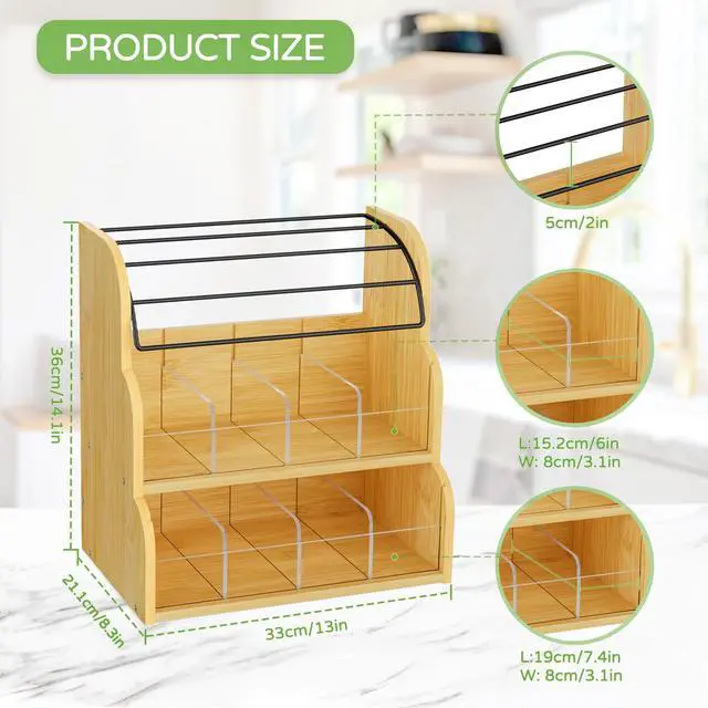 Alt view image 2 of 7 - Bamboo Tea Bag and Coffee Holder Organizer for Cabinet Counter Office, 3 Tier Large Capacity Vertical K Cup and Tea Packet Storage Rack, Sturdy Display Stand, Easy Assemble